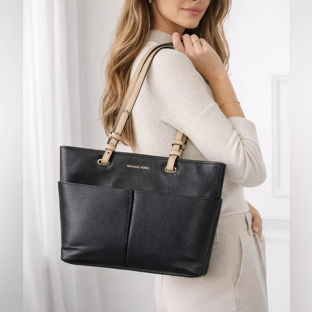 Michael Kors Black Pebbled Leather Tote Bag Beige Straps Large Shoulder Purse